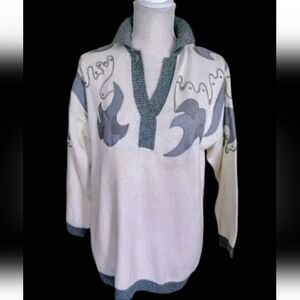 Vintage Western Boho Sweater Leather Studded Details Southwestern Neutral‎ Rare
